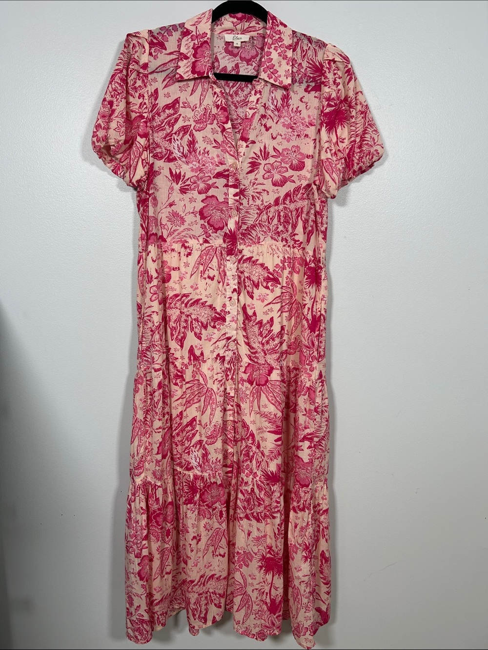 Elan Short Sleeve Tiered Maxi Dress Floral Pink Cream SZ S